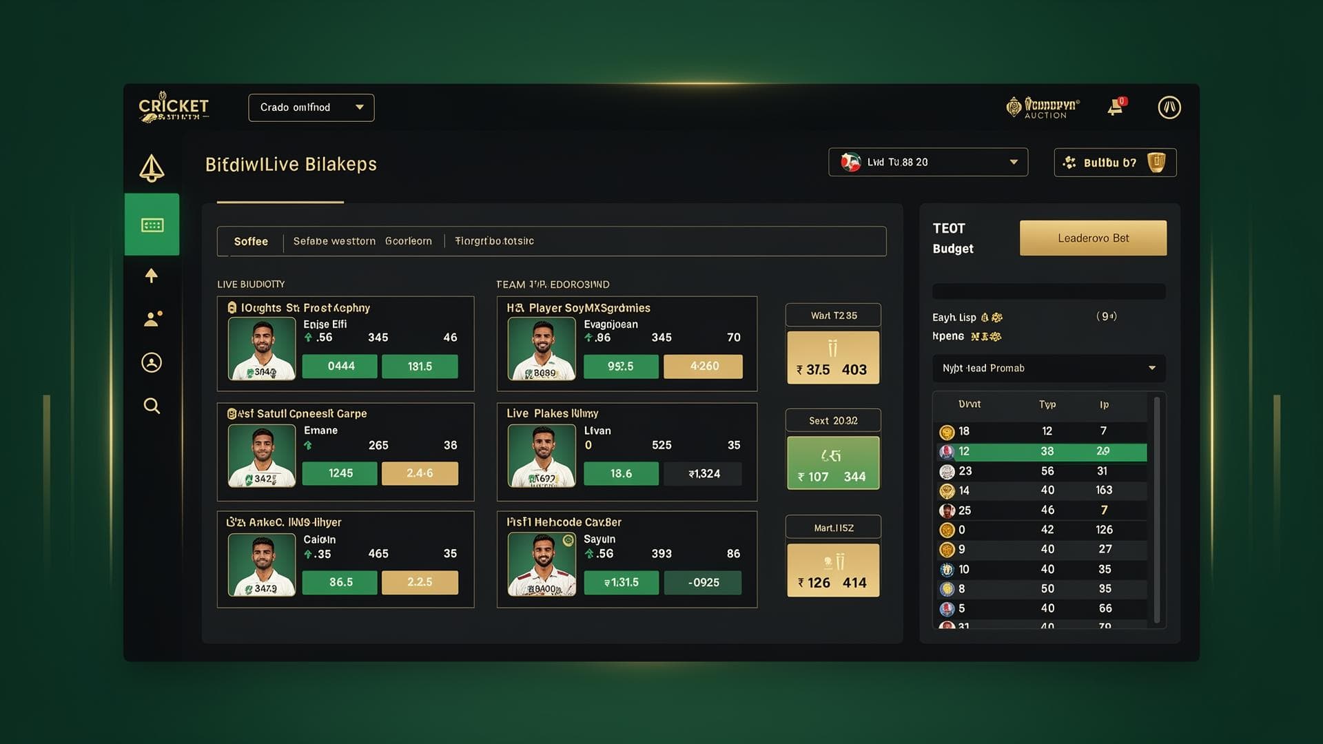Cricket Auction Software Dashboard showing live player bidding interface with team budgets and real-time leaderboard