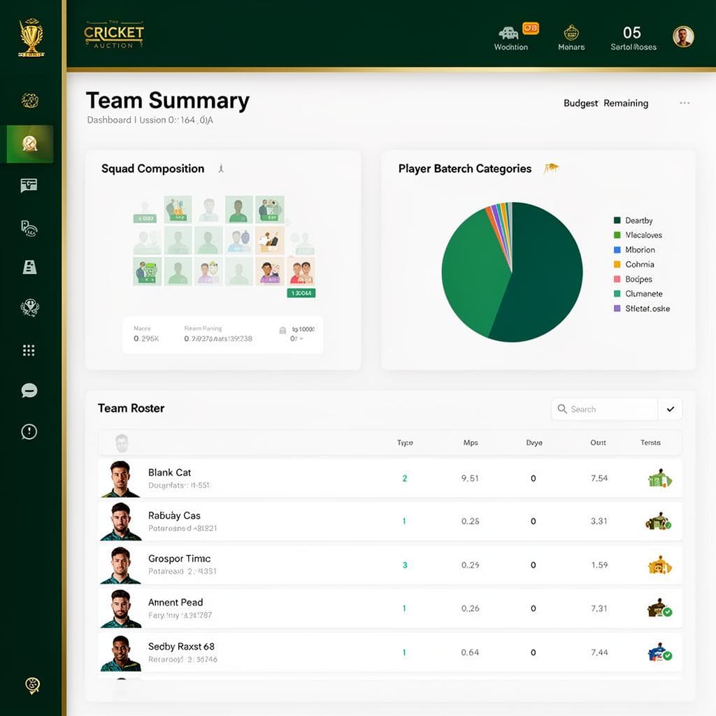 Team summary dashboard showing squad composition, player categories breakdown, remaining budget, and complete roster listing